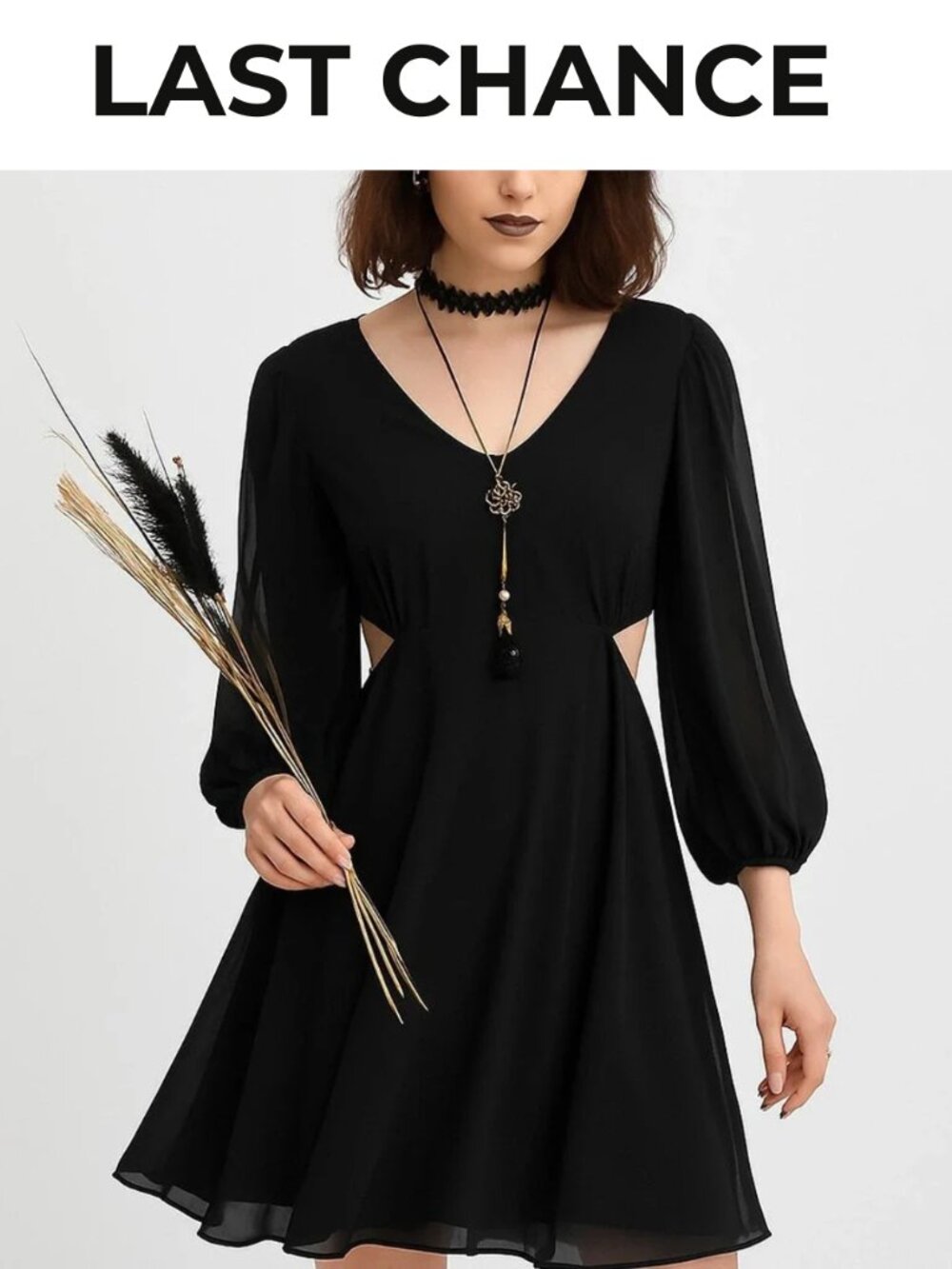 NWT Womens M Whimsical Black Chiffon Sheer Cutout Gothic Midi Dress Puff Sleeve